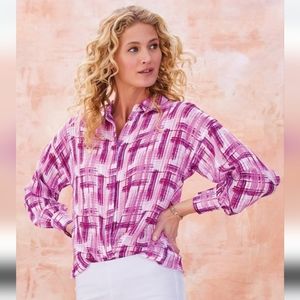 Soft Surroundings Porta Pink Metallic Semi Sheer Button Down Top Women's Size M